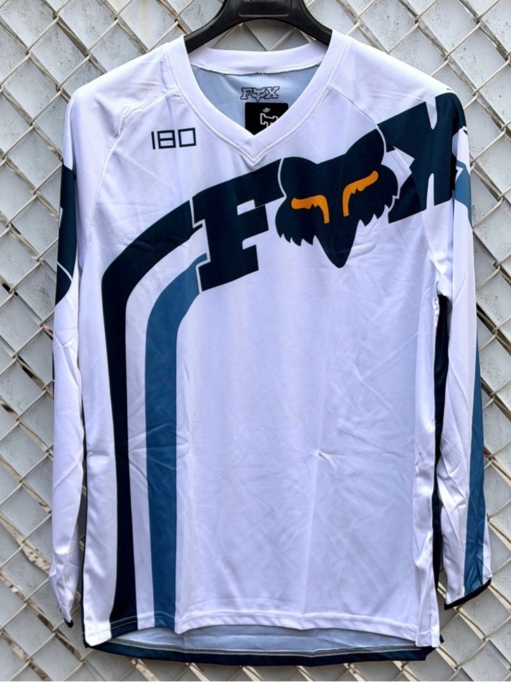 Fox White Long Sleeve MTB Jersey with Navy and Teal Graphics